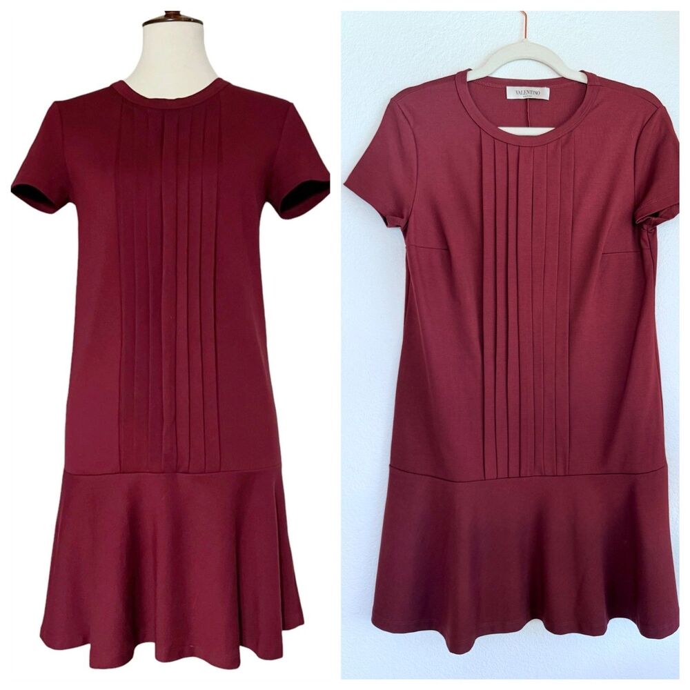 NWT RED Valentino Burgundy Dropped Waist Pleat Panel Short Sleeve Dress Medium